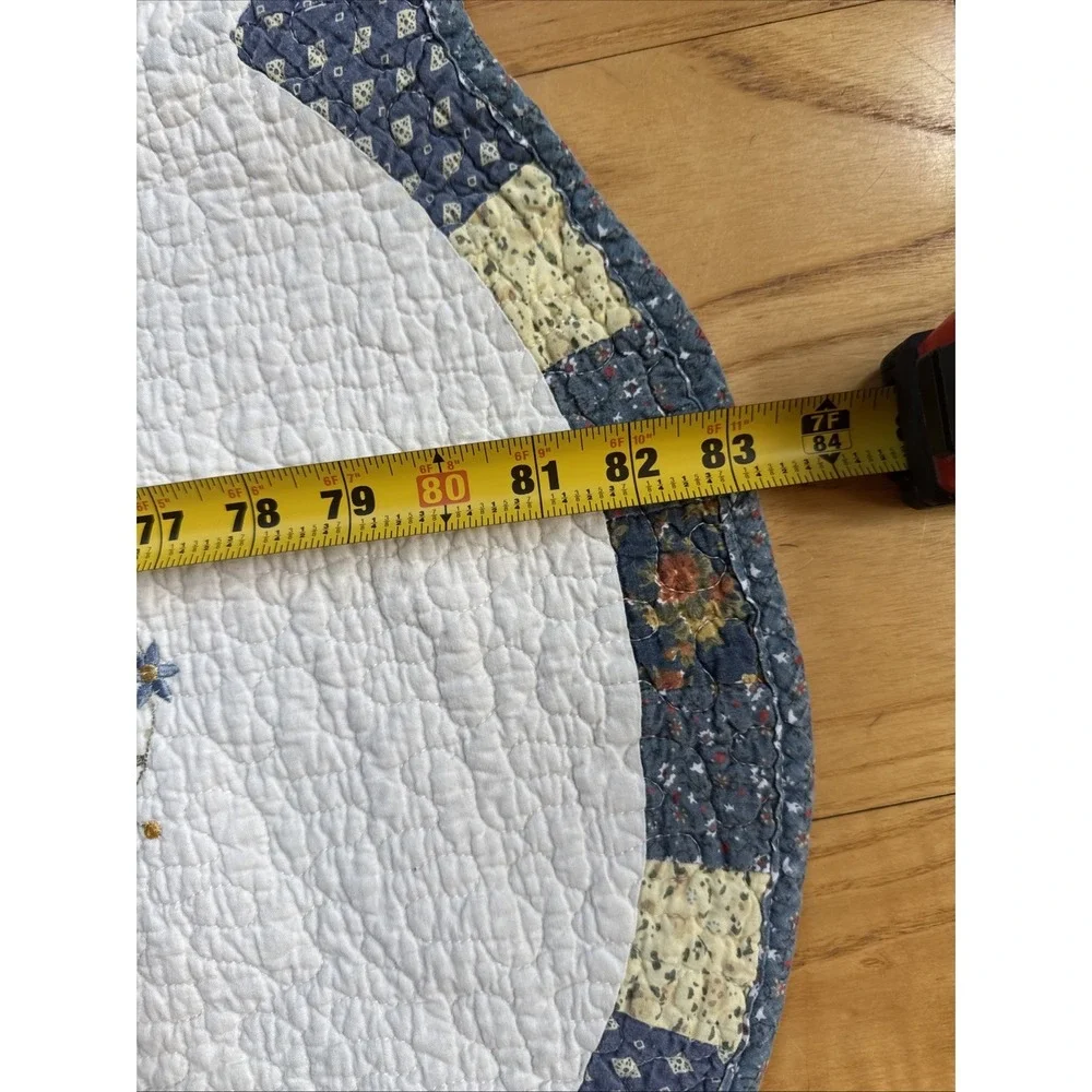 Vintage Double Wedding Ring Floral Patchwork Quilt Queen 81x83 Blue Cream Green